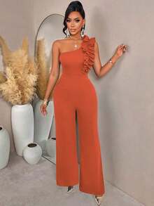 AIJ Conjunto de fiesta para mujer Amarilo: Pantalones acampanados de pierna ancha con cinturón y un hombro con volantes, adecuado para salidas, citas, reuniones, cenas y fiestas de cóctel, unicolor - Rojo - Ver 10