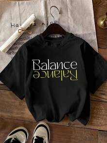 Minimalist Short-Sleeved T-Shirt With Balance Letter Print - Black - View 1