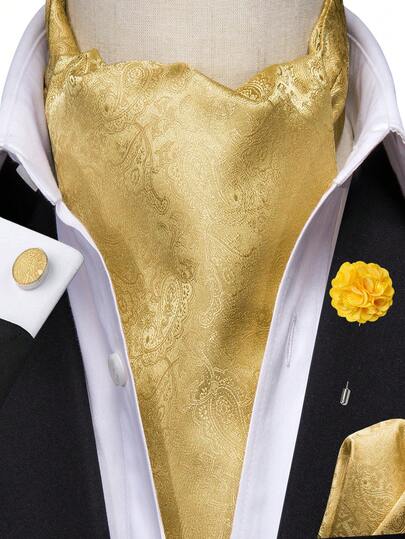 Juego de 4 piezas de pañuelo de bolsillo, gemelos y boutonnière con estampado de cachemira elegante amarillo para hombre, accesorios de lujo para traje de boda y festival, patrones aleatorios