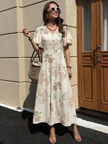 Clasi Vestido de unicolor con botones al frente, manga mariposa y abertura al muslo de longitud hasta el muslo para mujer - Albaricoque - Ver 5
