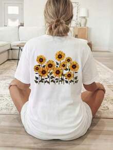 Women's Double-Sided Sunflower Print T-Shirt - Short Sleeve Crew Neck Blouse - Suitable For Casual Wear In All Seasons, Breathable Machine Washable Fabric With Sunflower Field Design, Non-Opaque Top For Layering (No Style Modification) Y2K Style Activewear, Crew Neck, 100% Cotton, Soft Fabric, Short Sleeve. - 白色 - 查看 2