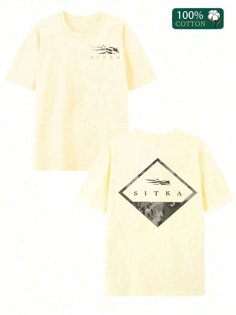 Short-Sleeved T-Shirt With Double-Sided Digital Print, "Sitka" Brand And Camouflage Graphic Design, Black, 1 Piece, Casual, Soft, 100% Cotton, Unisex, Y2K Style Sportswear, Round Neck, 100% Cotton, Soft Fabric, Short Sleeve. - 杏色 - 查看 1