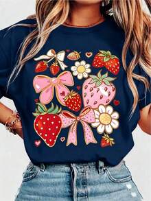 Women's T-Shirt With Strawberry Print, Bows And Flowers, Heat Transfer Design, Red Strawberries, Sweet, Youthful Style, Vibrant Colors, Eye-Catching Modern Casual Outfit - [白色的] - 查看 2