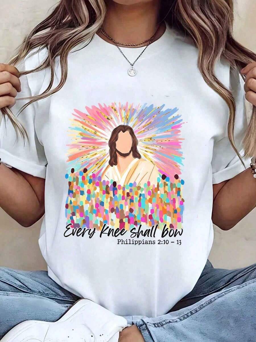 Women's T-Shirt With Jesus Christ And Rainbow Halo Print, "Every Knee Will Be Humbled," Philippians 210:13, Crew Neck, Regular Fit, Casual Wear, Gift, "He Has Risen," 220g, Oversized Blouse - 白色 - 查看 1