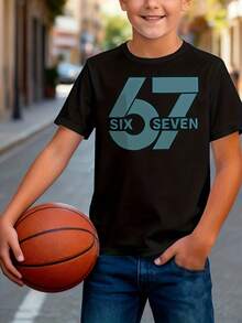 SIX SEVEN Graphic T-Shirt Number Six And Seven - Short Sleeve Cotton Casual Summer T-Shirt With Number Print, Round Neck, Comfortable Casual Wear For Playing, Easy Care - 黑色 - 查看 2