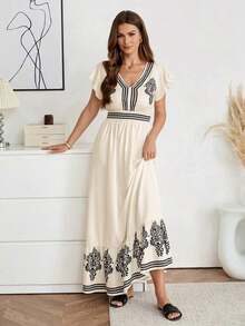 xheEasowa Vestido Maxilargo con corte A, mangas acampanadas fruncidas, cintura ceñida y volante en el dobladillo con estampado de leopardo vintage. Vestido informal, elegante para vacaciones y salidas para mujeres, vestido de estampado de leopardo, vestidos de sol para mujeresxhe - Multicolor - Ver 3