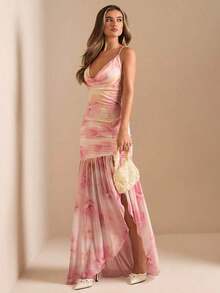 xheSHEIN  Vestido transparente con cuello profundamente drapeado, abertura alta y estampado floral sólido verde y rosa, vestido de playa, vestido sexy y elegante para primavera y veranoxhe - Rosa - Ver 6