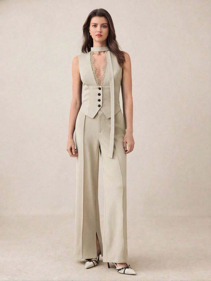 AYYBizChic Chaleco con cuello en V, recorte de encaje, parche delantero con botones y lazo en la cintura para mujeres, versátil para la oficina, ocasiones formales, elegante para el transporte urbano, uso casual diario, retro romántico de los 90, fiestas, graduaciones, invitados de boda, damas de honor, anfitrionas, salidas, eventos sociales, conciertos, brunches, aeropuertosAYY - Albaricoque - Ver 1