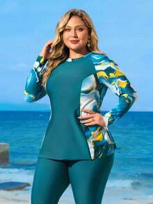 Swim  Traje de baño tankini de manga larga y pantalón con protección UV talla grande, diseño de falda estilizante, moderno, apto para mercados transfronterizos UE/EE.UU. - Verde Oscuro - Ver 1
