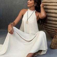 . . Vestido estilo bohemio vintage con espalda descubierta y corte evasé, de elegante color albaricoque, adecuado para el Día de San Valentín, la playa y las vacaciones de verano - Albaricoque - Ver 3