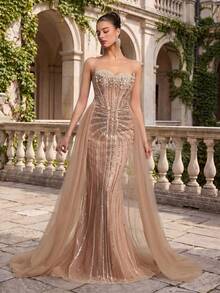 Women's Camel Color Mature Party Heavily Sequined Backless Party/Wedding/Holiday Formal Evening Dress, Suitable For All Seasons - Camel - View 7
