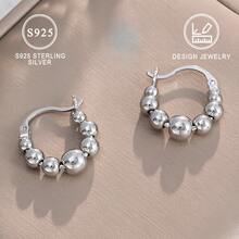 1pair 925 Sterling Silvery Pretty Tiny Silvery Beads Design Hoop Earrings Hypoallergenic Jewelry Elegant Leisure Style Classic Gifts For Women - 925 Silver - View 1