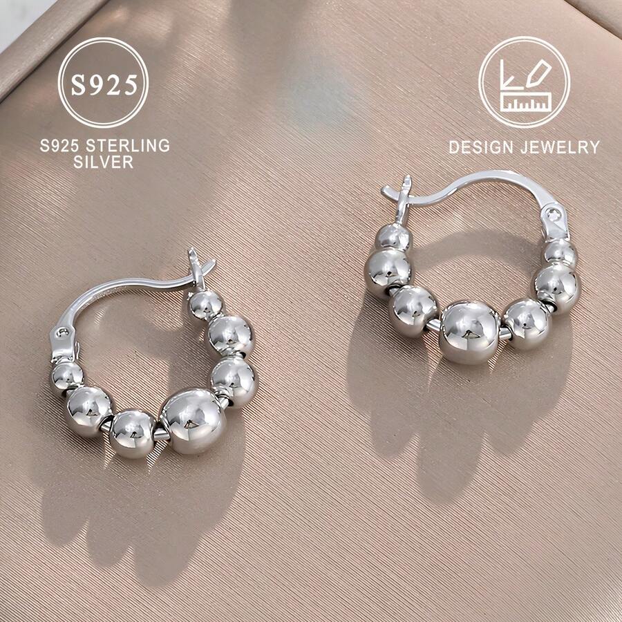 1pair 925 Sterling Silvery Pretty Tiny Silvery Beads Design Hoop Earrings Hypoallergenic Jewelry Elegant Leisure Style Classic Gifts For Women - 925 Silver - View 1