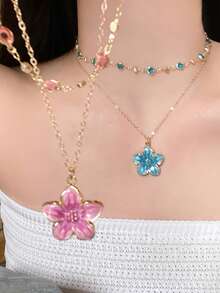2pcs/Set Layered Crystal Flower Pendant Necklace Set, Fashion Jewelry For Women - Style 1 - View 1