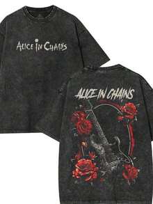 Camisetas de la banda Alice In Chains, estilo vintage, ropa para conciertos de rock, camiseta de algodón grueso de estilo streetwear oversize, unisex, para conciertos de metal alternativo, estilo grunge, para hombre. Q9MP - Negro - Ver 1