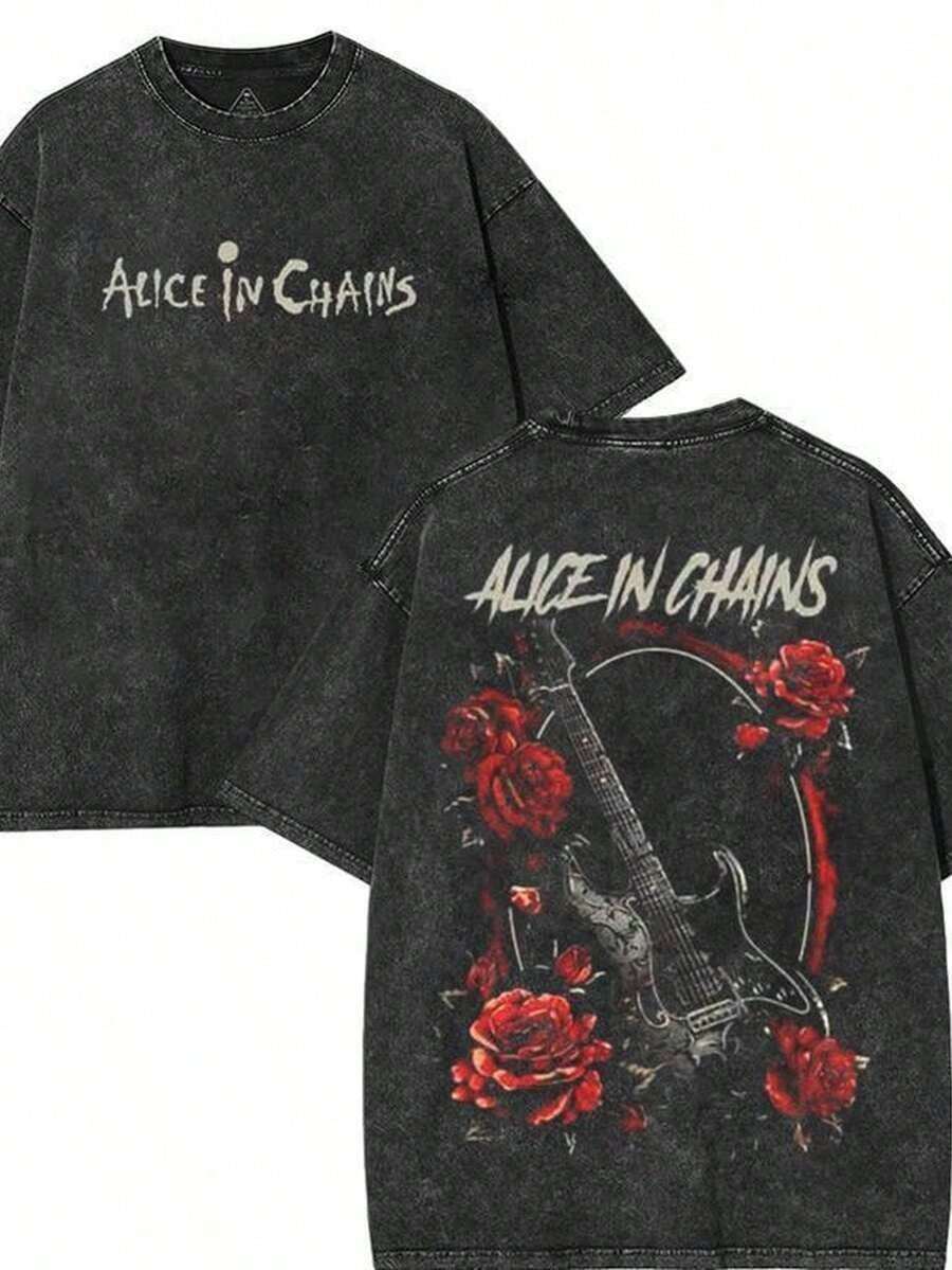 Camisetas de la banda Alice In Chains, estilo vintage, ropa para conciertos de rock, camiseta de algodón grueso de estilo streetwear oversize, unisex, para conciertos de metal alternativo, estilo grunge, para hombre. Q9MP - Negro - Ver 1