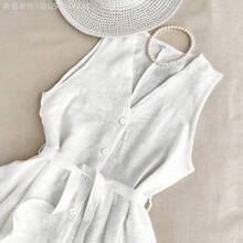 MewMuse.  Vestido mini de mujer con cuello en V sin mangas, cintura con lazo y dobladillo con volantes, adecuado para primavera, verano, otoño e invierno, apropiado para citas, casual elegante, ir al trabajo, vestido de resort para mujer, atuendo de oficina, versátil, de moda, uso casual diario, elegante para playa/ - Albaricoque - Ver 5