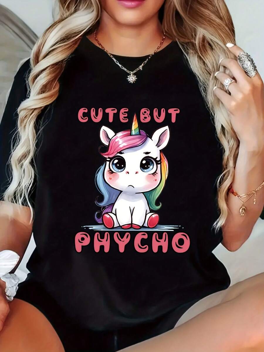 Women's Casual Sports T-Shirt With Unicorn Graphic And CUTE BUT PSYCHO Text - Black Elastic Crew Neck T-Shirt, Machine Washable, Comfortable Fit For All Seasons. - 黑色 - 查看 1