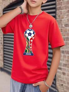 Boys' Short Sleeve Cotton T-Shirt With 2026 World Cup Trophy And Flag Print, For World Cup Matches/Daily Fan Wear WEOH - 紅色 - 查看 2
