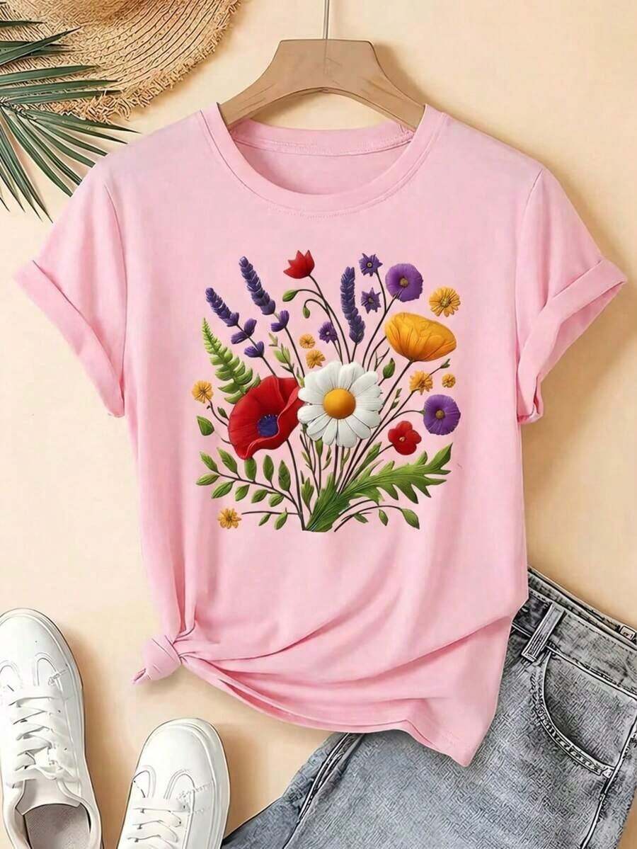 Hottest Summer T-Shirt : Pure Cotton Graphic Tee For Women, Daisy Print, Floral Lavender Spring Flower, Loose Fit, Round Neck, Short Sleeves, Everyday Wear, Day And Night, Stylish, Pure Cotton Tee. A Stylish And Popular Party Tee - 粉色 - 查看 1