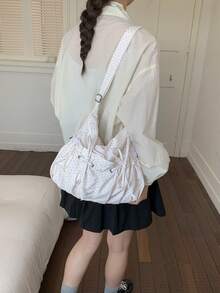 Pink Polka Dot Drawstring Bow & Ruffle Cloud Decor Shoulder Bag, Large Capacity Crossbody Bag For Women - White - View 8