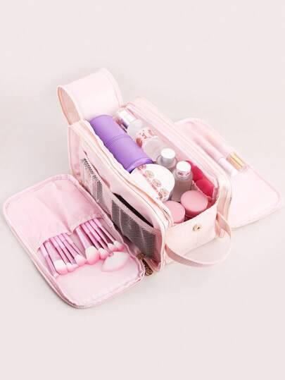 ronshadow Bolsa de maquillaje con relieve de cocodrilo y brillo, de gran capacidad con diseño de doble cremallera y capas, portátil y resistente al agua, organizador para cosméticos, cuidado de la piel, brochas de maquillaje, disponible en varios colores