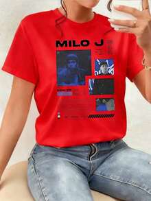 The Print Showcases A Modern Artistic Interpretation With Intense Blue Tones And Geometric Shapes That Evoke Creativity And Urban Energy, Expressing A Contemporary Identity. Women's T-Shirt, 100% Soft And Comfortable Cotton, Perfect For Everyday Wear; Elegant Blouses For Young Women. - 紅色 - 查看 7