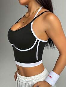 Women's High Elasticity Nylon Sports Vest - Breathable Contrast Color Fitness Top, Seamless Splicing Design, Suitable For Yoga, Pilates, Daily Fitness - Shaping Style And Beautiful Back Support, Simple Style, Comfortable Fit, Pressure-Free Support - 黑色 - 查看 5