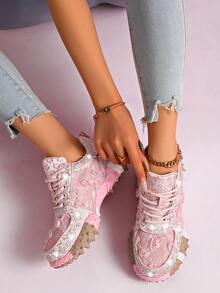Women's Sparkly Rhinestone Floral Lace Platform Sneakers, Pink Lace-Up Non-Slip Casual Shoes - Pink - View 2