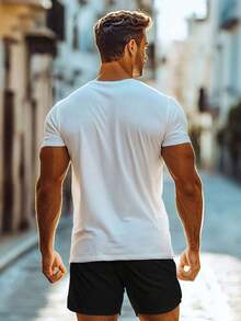 2 piezas/Set Conjunto casual de verano para hombre - Camiseta de manga corta y pantalones cortos con cordón, camiseta de cuello redondo adecuada para gimnasio, deportes, actividades al aire libre, estilo novio, estampado de letras y gráficos, ajuste regular con bolsillos Blanco - Blanco - Ver 2