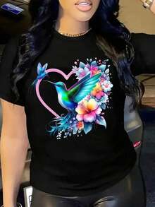 Graphic Print T-Shirt, Short Sleeve Crew Neck Casual Summer And Spring Women's Clothing1 Glitter Heart Sweet Sexy Casual Party Elegant Rhinestone None Holiday Wedding Beach Office Sporty Home Country Music Concert Lunch Travel Bachelorette Summer - 黑色 - 查看 1