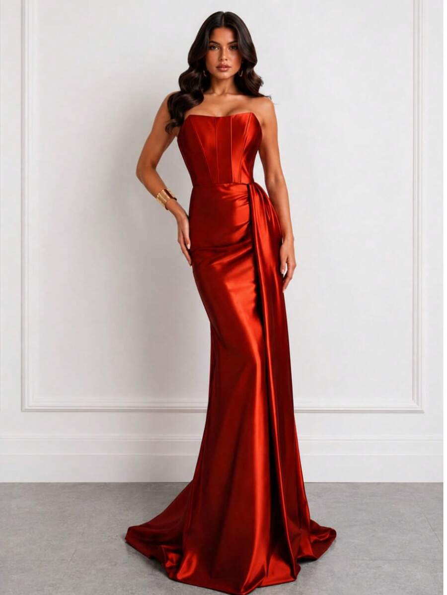 Satin Dress For Parties And Special Occasions, Strapless, Elegant - Terracotta - View 1