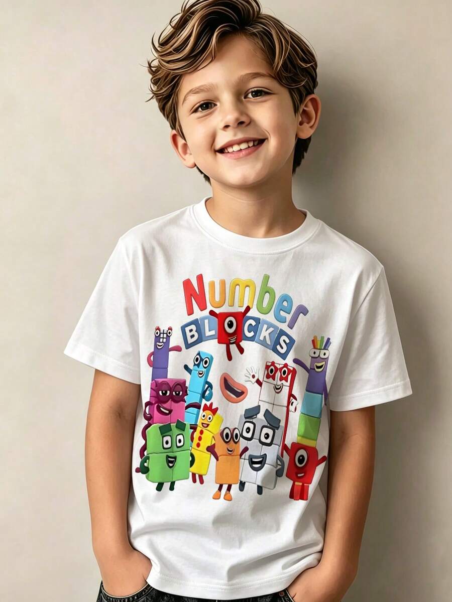 Boys' Clothing Autumn And Summer Casual Short Sleeved -1 To 10 Digital Building Block Cartoon Image - Printed Pattern Design Round Neck T-Shirt, Boys' Children's Clothing Pullover, 180g Polyester Soft Fabric, Local Warehouse, Suitable For Children's Vacation, Party, Outdoor, Travel Wear - trắng - Xem 1
