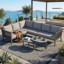 Conjunto de comedor de jardín, muebles de patio, 6 personas, configuración en esquina, hierro galvanizado, tablero de cristal, cuerda trenzada a mano, incluye dos mesas de centro y un sofá, gris - Gris - Ver 1