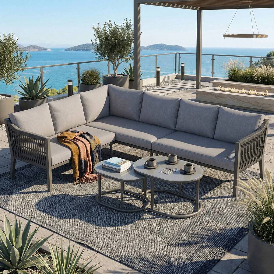 Conjunto de comedor de jardín, muebles de patio, 6 personas, configuración en esquina, hierro galvanizado, tablero de cristal, cuerda trenzada a mano, incluye dos mesas de centro y un sofá, gris - Gris - Ver 1