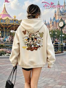 Disney Women's Loose-Fitting Hooded Sweatshirt With Mickey Mouse Family Adventure-Themed Front And Back Print Design. Comfortable And Casual For Everyday Wear, Perfect For A Day Trip To The Amusement Park Or A Day Out With Friends. - Màu be - Xem 3