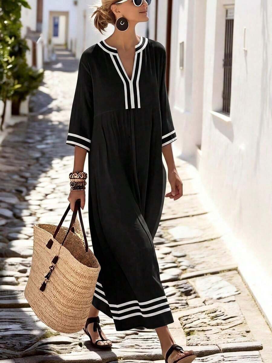 Vestido casual de fiesta con cuello en V y bloques de color para vacaciones de mujer - Negro - Ver 1