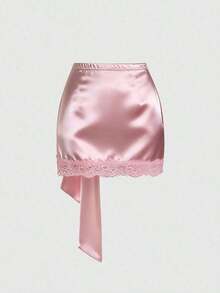 Falda con dobladillo asimétrico y ribete de encaje, estilo Y2K, adecuada para vacaciones y uso diario - Rosa - Ver 2