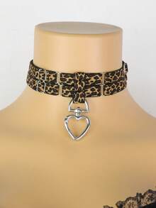 Vòng cổ choker họa tiết da báo quyến rũ hai sợi, mặt dây chuyền khóa hình trái tim phong cách Âu Mỹ, phụ kiện cổ cá nhân hóa - A - Xem 2