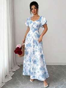 Elenzya Vestido de línea A con volantes en las mangas, fruncido en el frente y estampado floral de rosas, elegante y casual, ideal para vacaciones, viajes, citas, moda francesa y estilo retro, versátil para primavera y verano, de manga corta y largo maxi, en rojo, blanco y multicolor - Multicolor 2 - Ver 5
