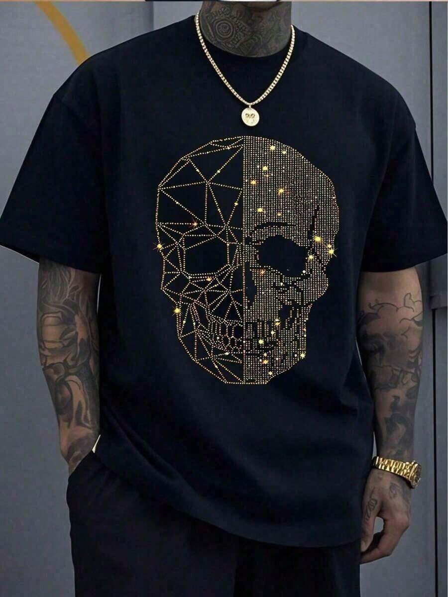 1 Piece (100% Cotton, 220g) Men's Short Sleeve Crew Neck T-Shirt, Digital Graphic Print Gold Skull, Casual Halloween Party Themed T-Shirt, Stylish For Summer. - 黑色 - 查看 1