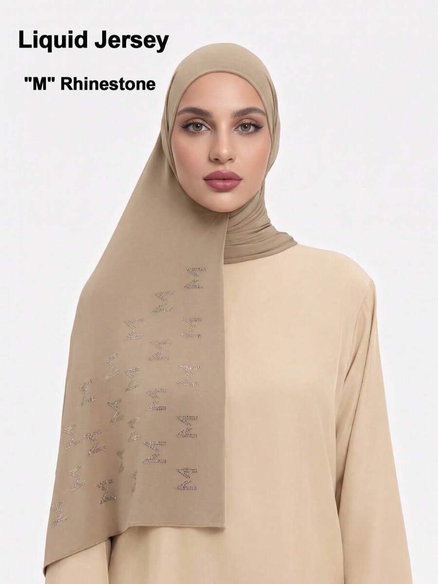1pc "M" Rhinestone Liquid Jersey Hijab Scarf, Soft Premium Headscarf Stone Decor, Casual Stretch Style Long Scarf For Women, Suitable For Daily Use For Abaya Dress, Chic & Elegant - Multicolor - View 1
