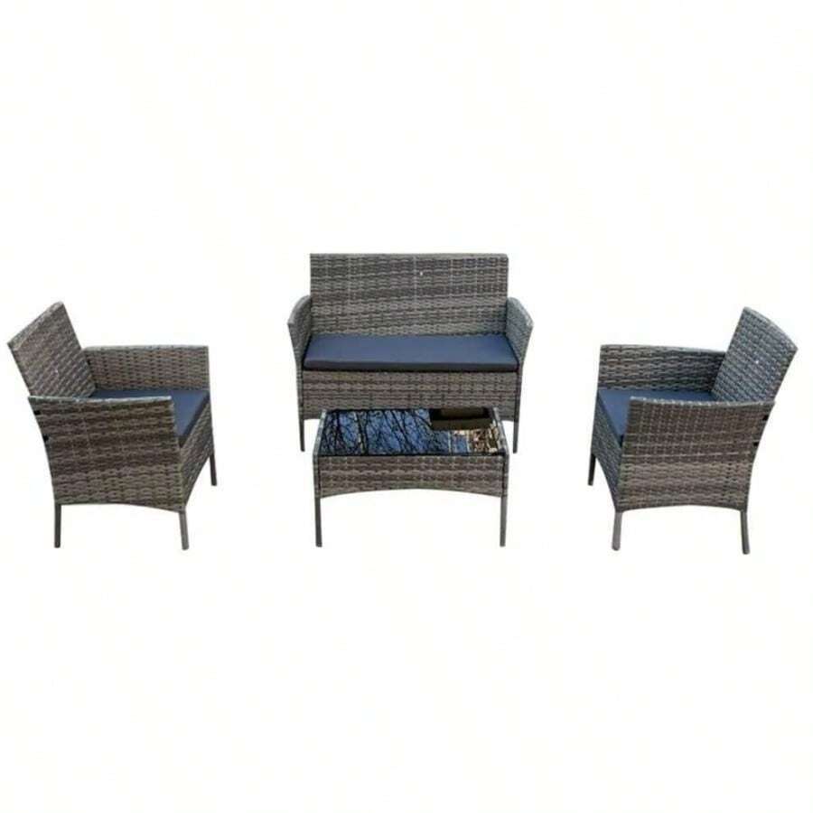 4 Seater Garden Rattan Furniture Table Chairs Sofa Wicker Outdoor Patio Set - Mixed Grey With Dark Grey Cushions - View 1