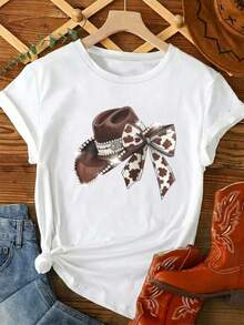 Women's Western Denim Print Top | Round Neck, Loose & Comfortable, Versatile, Casual - Summer Clothing - White Top - White - View 7