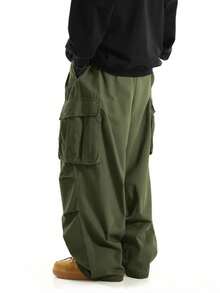 Men's Loose Cargo Pants, Large Pocket Design, Casual Daily Wear Trousers - Army Green - View 2