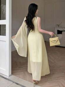 Petite Vestido largo elegante de mujer con patchwork de encaje amarillo a crochet - Amarillo - Ver 2