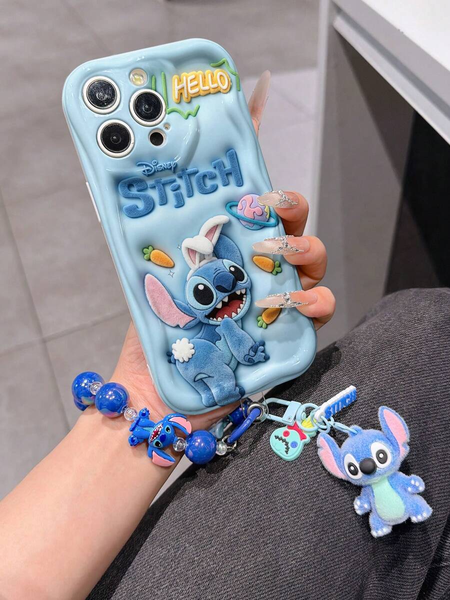 Disney Has Authorized, Phone Case - Chain Set, The Stitch Lilo & Stitch 3D Phone Case Plus A Silicone 3D Stitch Bracelet With Metallic Ring Removable Bracelet, Stitch And Angel Pattern, Compatible With Iphone17/16/15/14/13/12/11/XS/XR/X Plus Pro Max, A Stylish Cartoon Phone Case, The Perfect Gift Choice, Phone Protection, Durable Phone Cover, Great Gift For Friends And Family. - trắng - Xem 1