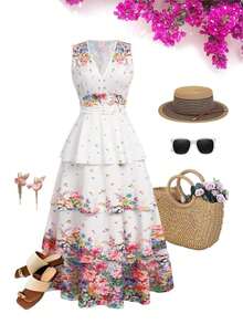 xheEllevyn Vestido de falda larga y elegante para mujer, vestido de diosa con cuello en V y cintura elástica, adecuado para banquetes y fiestas en otoño/invierno, color marrónxhe - Multicolor - Ver 1
