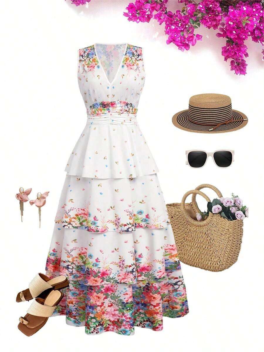 xheEllevyn Vestido de falda larga y elegante para mujer, vestido de diosa con cuello en V y cintura elástica, adecuado para banquetes y fiestas en otoño/invierno, color marrónxhe - Multicolor - Ver 1