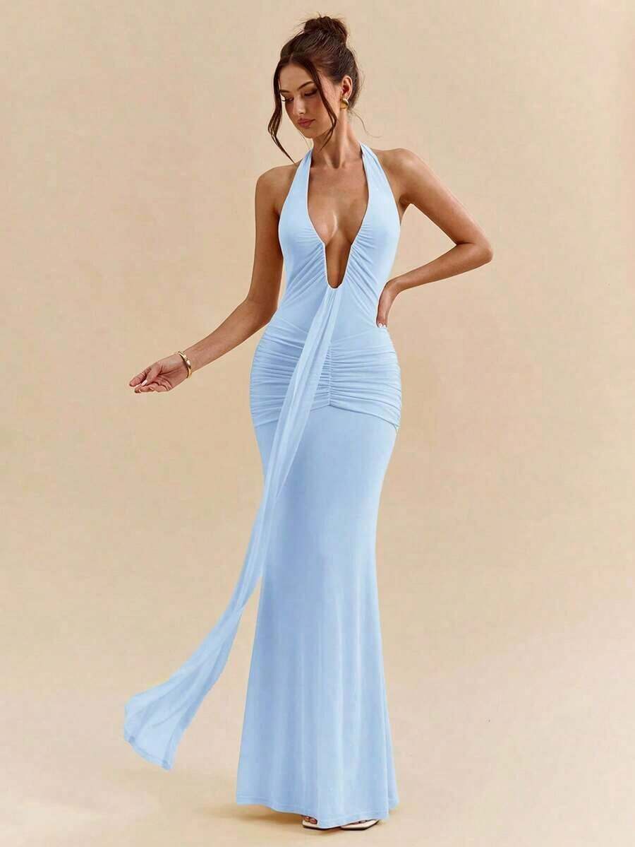 xheSHEIN Vestido maxi elegante con cuello halter y escote profundo en V, de color amarillo crema, para mujer, para primavera/veranoxhe - Celeste - Ver 1